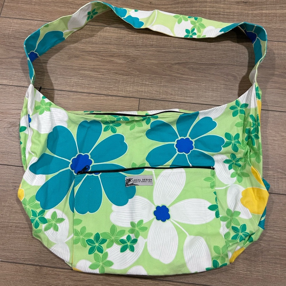 Local Island Hawaiian Made Floral Round Sling Duffel Green and Blue Shoulder Bag